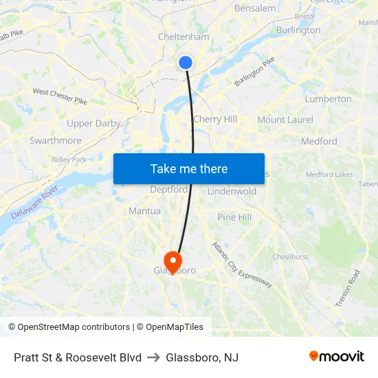 Pratt St & Roosevelt Blvd to Glassboro, NJ map