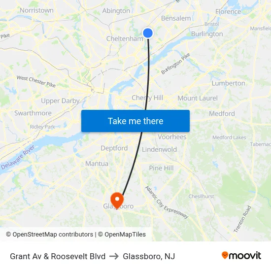 Grant Av & Roosevelt Blvd to Glassboro, NJ map
