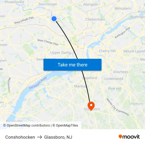 Conshohocken to Glassboro, NJ map