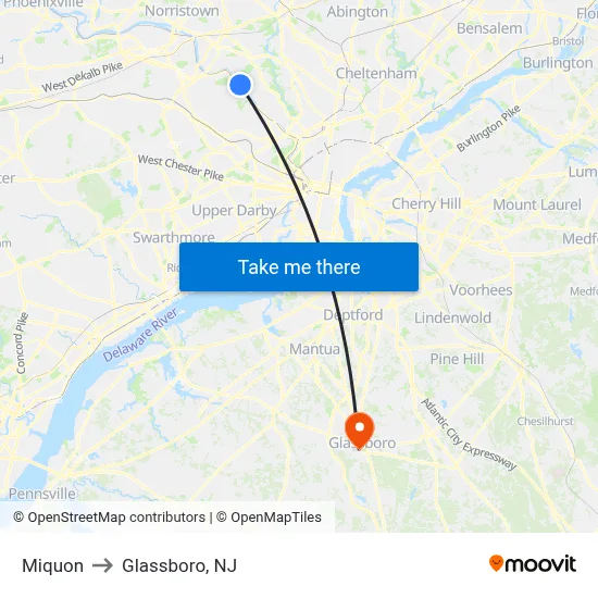 Miquon to Glassboro, NJ map
