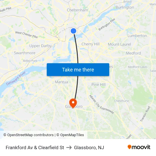 Frankford Av & Clearfield St to Glassboro, NJ map