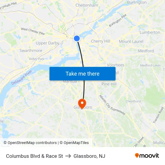 Columbus Blvd & Race St to Glassboro, NJ map