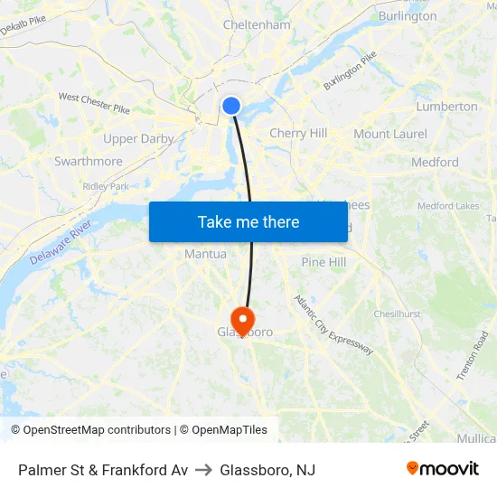 Palmer St & Frankford Av to Glassboro, NJ map