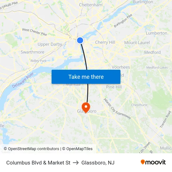 Columbus Blvd & Market St to Glassboro, NJ map