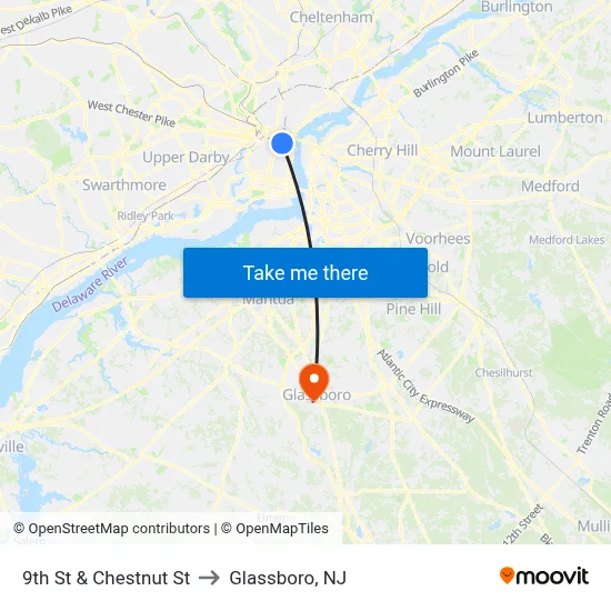 9th St & Chestnut St to Glassboro, NJ map