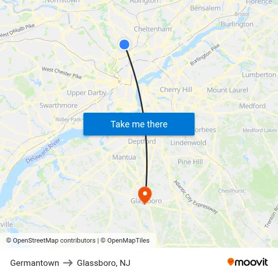 Germantown to Glassboro, NJ map