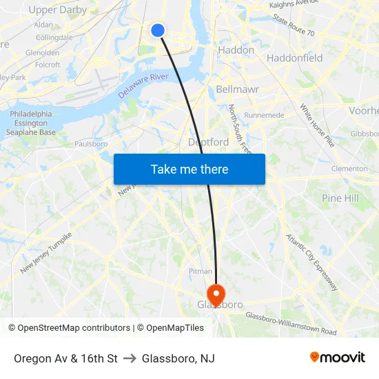Oregon Av & 16th St to Glassboro, NJ map