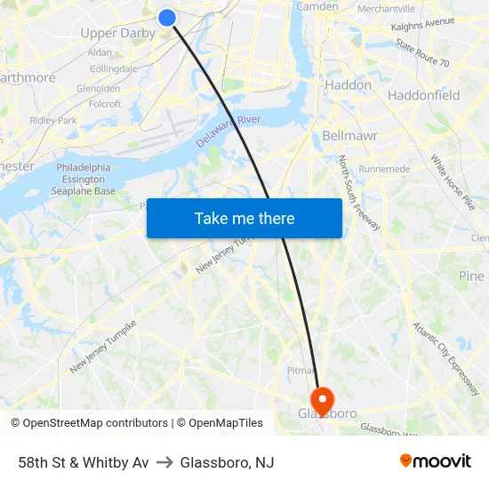 58th St & Whitby Av to Glassboro, NJ map