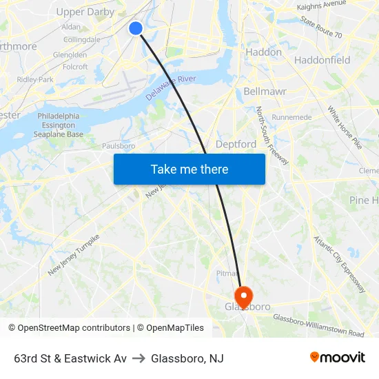 63rd St & Eastwick Av to Glassboro, NJ map