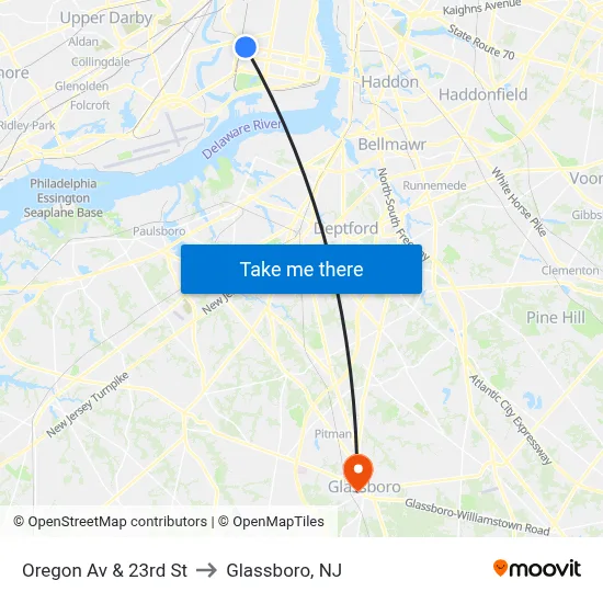 Oregon Av & 23rd St to Glassboro, NJ map