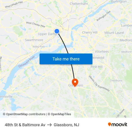 48th St & Baltimore Av to Glassboro, NJ map