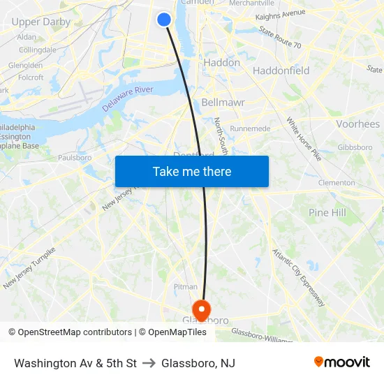 Washington Av & 5th St to Glassboro, NJ map