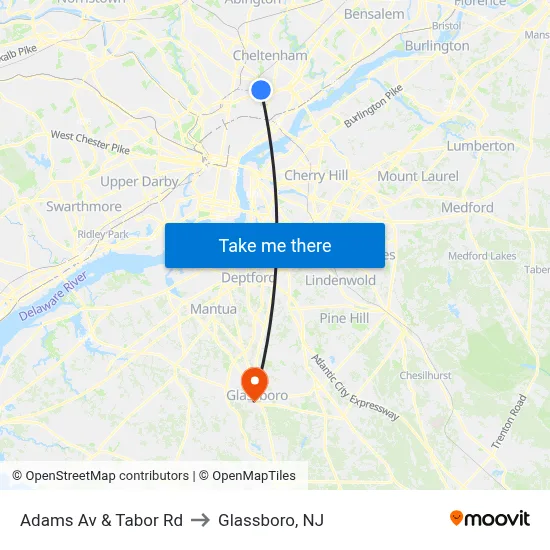 Adams Av & Tabor Rd to Glassboro, NJ map