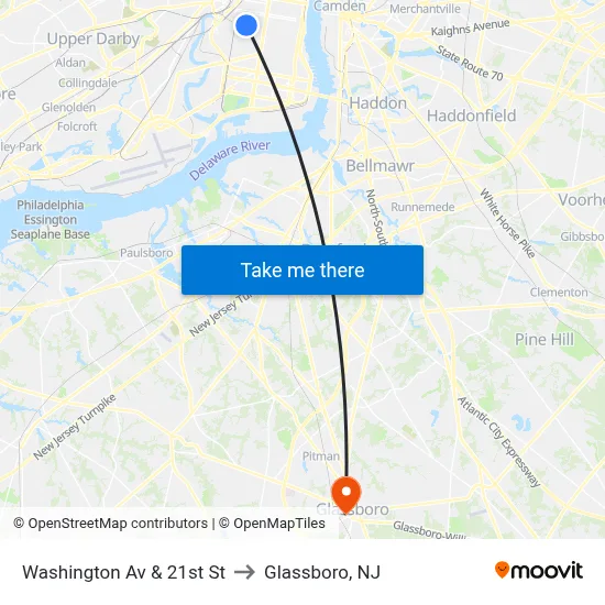 Washington Av & 21st St to Glassboro, NJ map