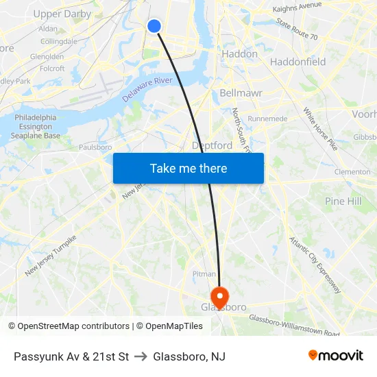 Passyunk Av & 21st St to Glassboro, NJ map