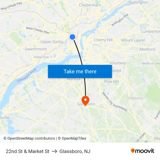 22nd St & Market St to Glassboro, NJ map
