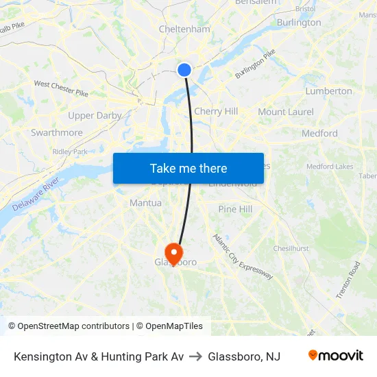 Kensington Av & Hunting Park Av to Glassboro, NJ map
