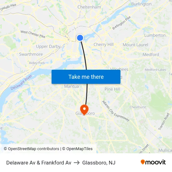 Delaware Av & Frankford Av to Glassboro, NJ map