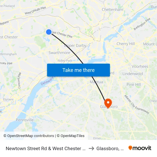 Newtown Street Rd & West Chester Pk to Glassboro, NJ map