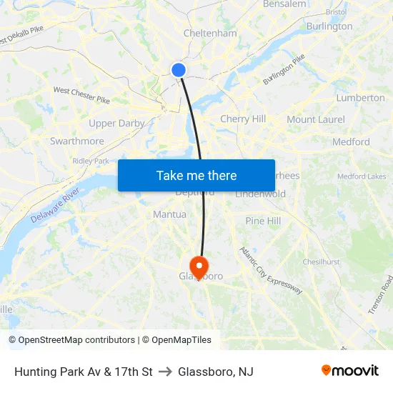 Hunting Park Av & 17th St to Glassboro, NJ map