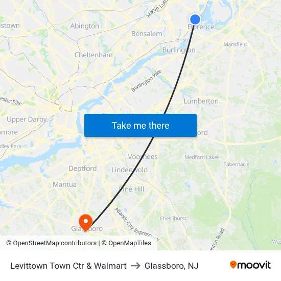 Levittown Town Ctr & Walmart to Glassboro, NJ map