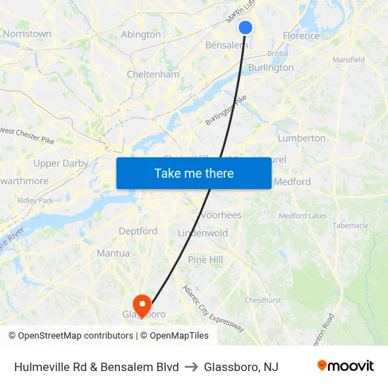 Hulmeville Rd & Bensalem Blvd to Glassboro, NJ map