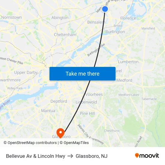 Bellevue Av & Lincoln Hwy to Glassboro, NJ map