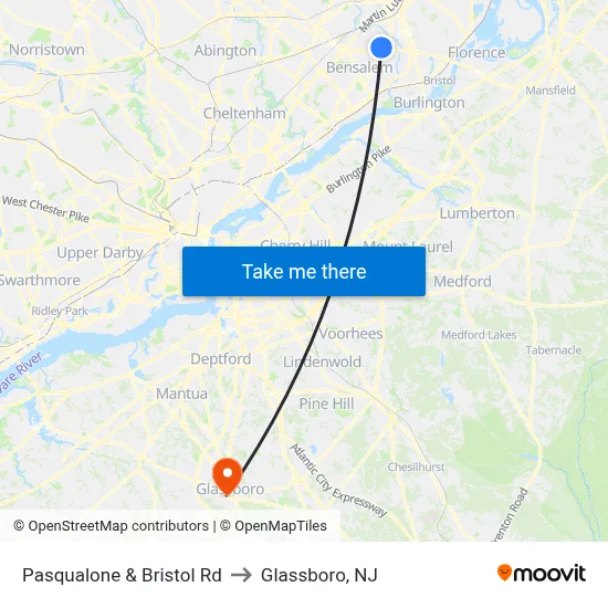 Pasqualone & Bristol Rd to Glassboro, NJ map
