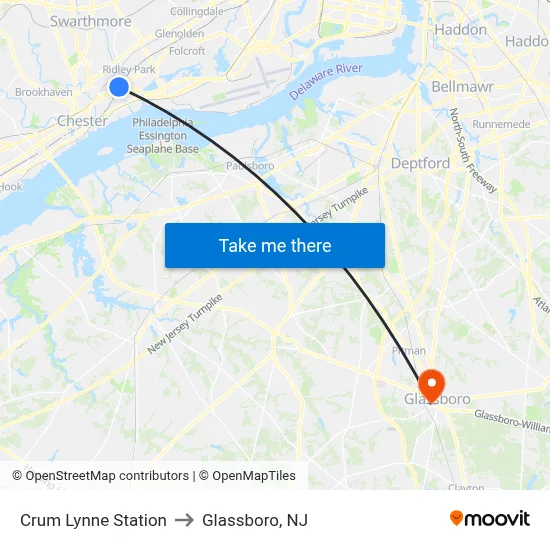 Crum Lynne Station to Glassboro, NJ map