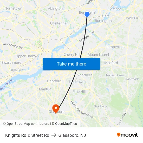 Knights Rd & Street Rd to Glassboro, NJ map