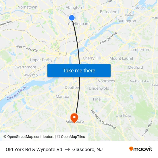 Old York Rd & Wyncote Rd to Glassboro, NJ map