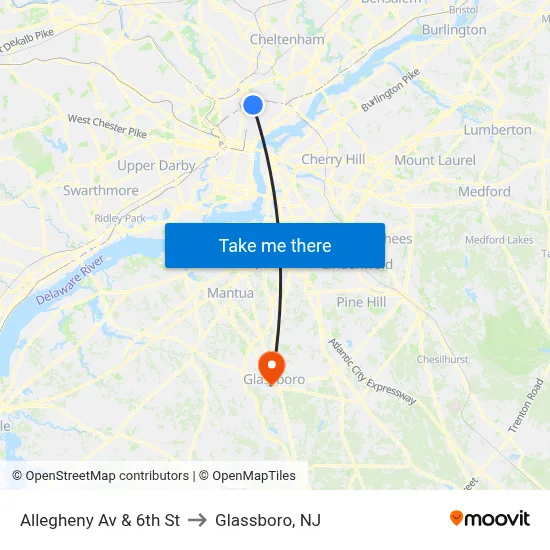Allegheny Av & 6th St to Glassboro, NJ map