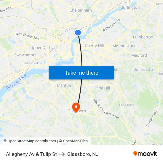 Allegheny Av & Tulip St to Glassboro, NJ map