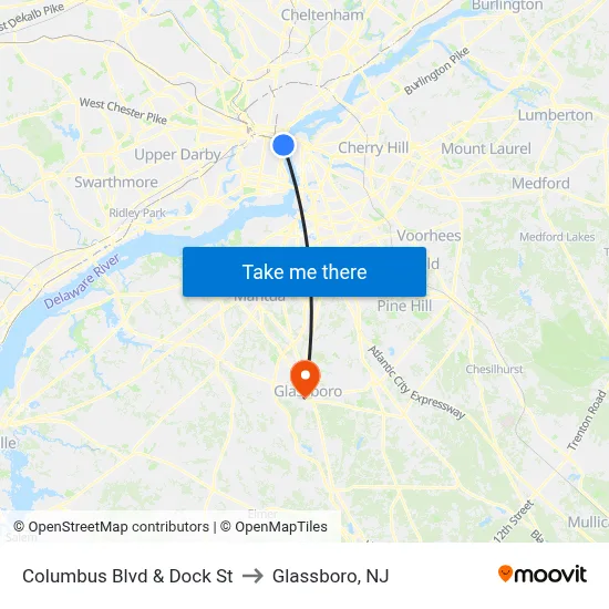 Columbus Blvd & Dock St to Glassboro, NJ map