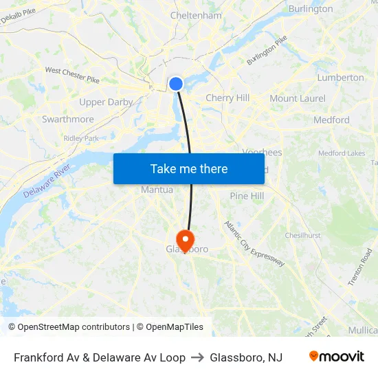 Frankford Av & Delaware Av Loop to Glassboro, NJ map