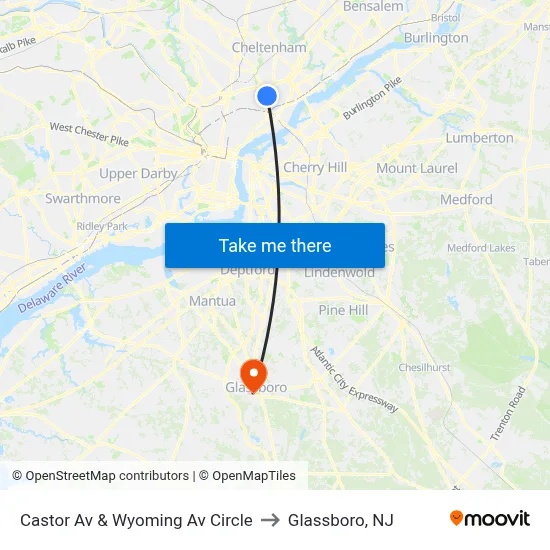 Castor Av & Wyoming Av Circle to Glassboro, NJ map
