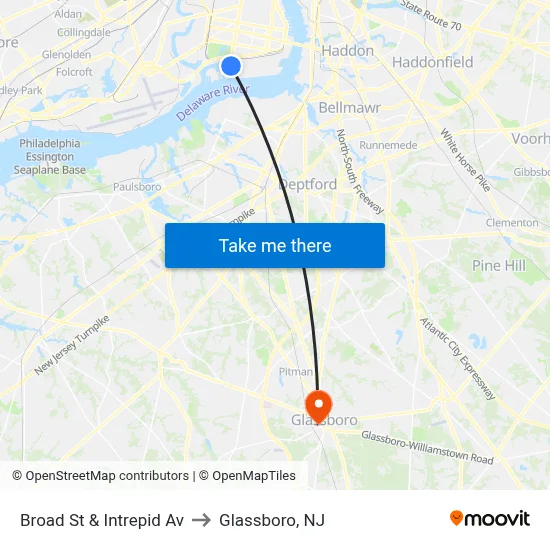 Broad St & Intrepid Av to Glassboro, NJ map