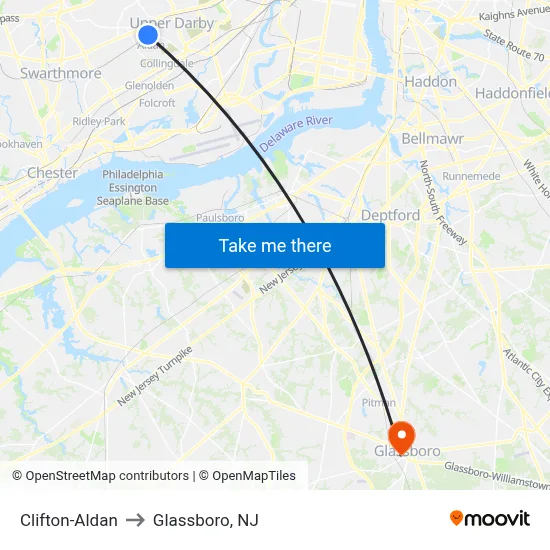Clifton-Aldan to Glassboro, NJ map