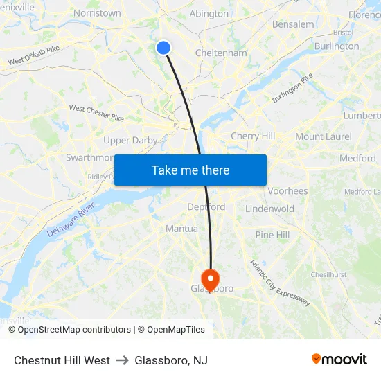 Chestnut Hill West to Glassboro, NJ map