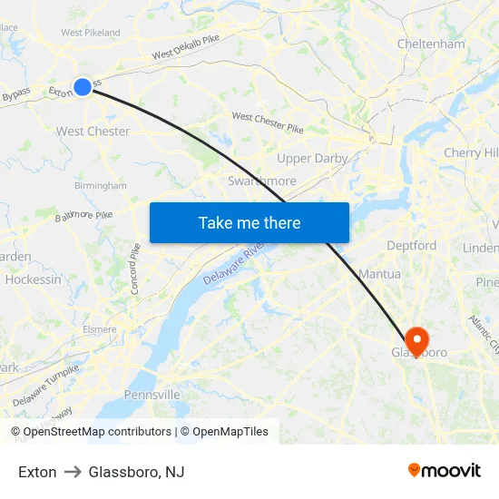 Exton to Glassboro, NJ map