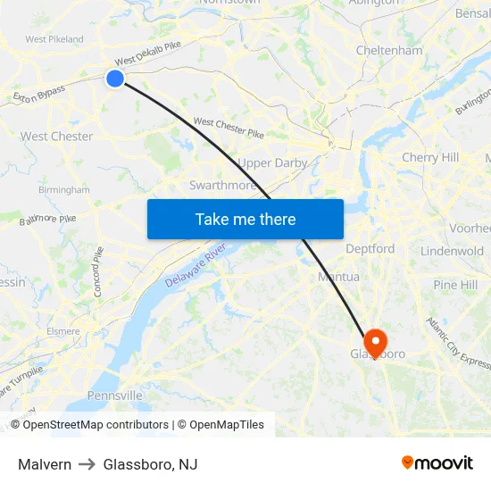 Malvern to Glassboro, NJ map
