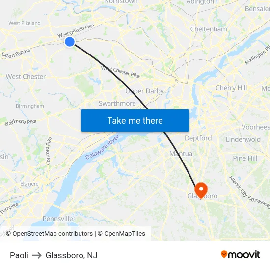 Paoli to Glassboro, NJ map