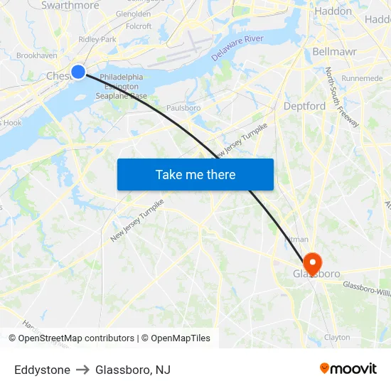 Eddystone to Glassboro, NJ map