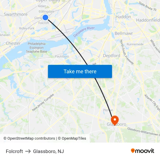 Folcroft to Glassboro, NJ map