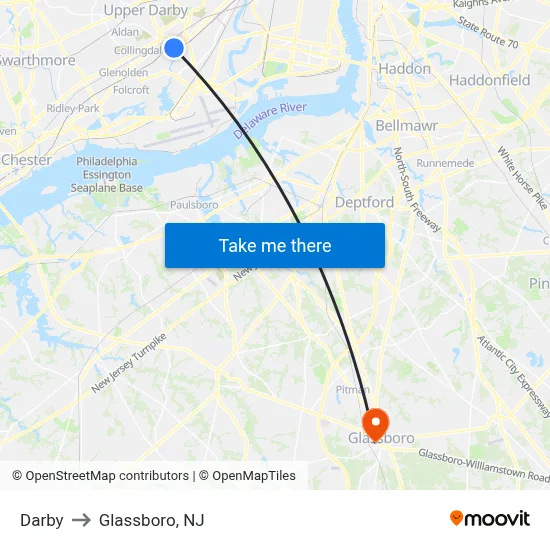 Darby to Glassboro, NJ map