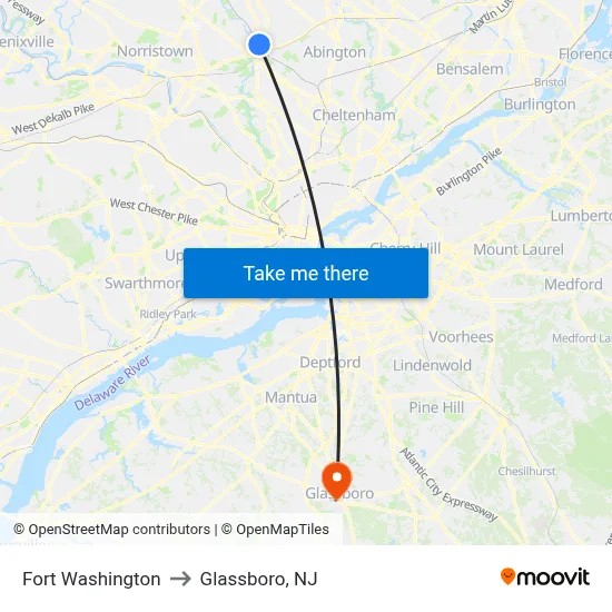 Fort Washington to Glassboro, NJ map