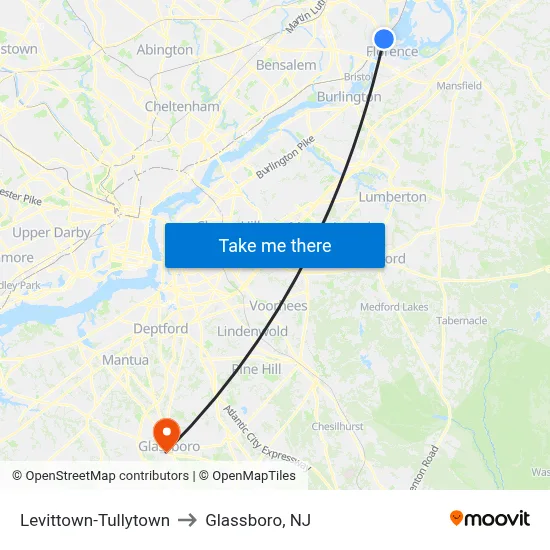 Levittown-Tullytown to Glassboro, NJ map