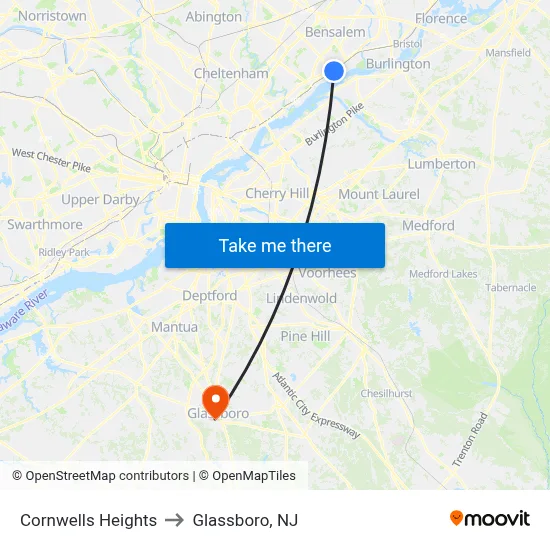 Cornwells Heights to Glassboro, NJ map