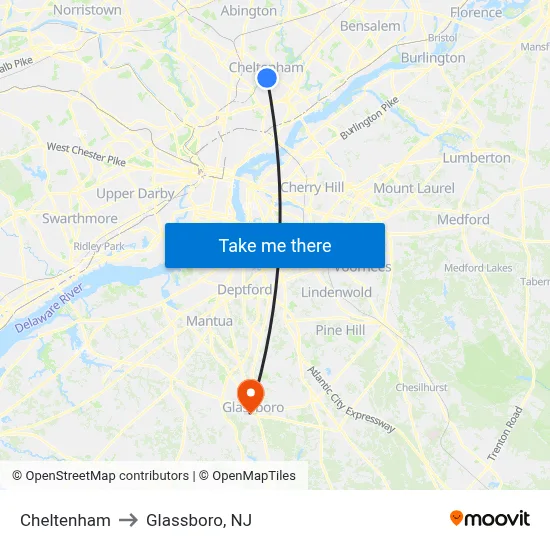 Cheltenham to Glassboro, NJ map