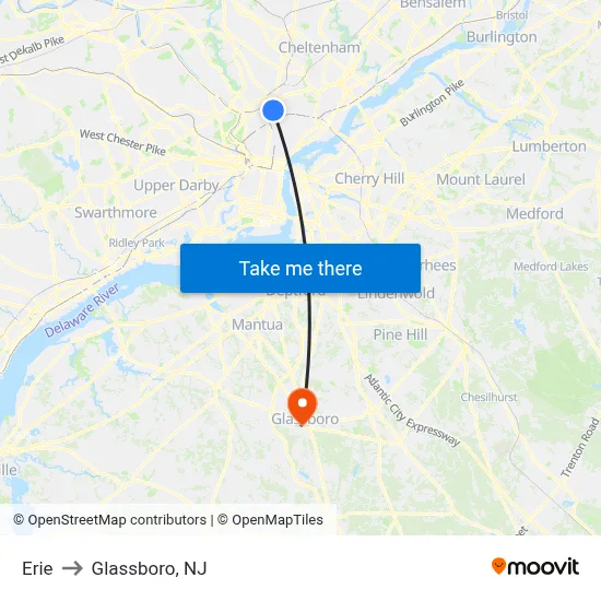 Erie to Glassboro, NJ map